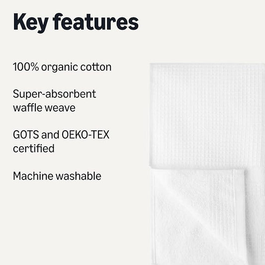 Amazon Basics Organic Cotton Waffle Kitchen Dish Towels - Ultra Absorbent, Quick Drying, Lint-Free, 15 x 25 inches, 6-Pack, White