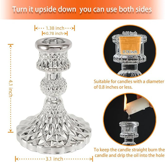 Glass Candlestick Holder,Striped Taper Candle Holders,Set of 6 Candle Stand for Table Centerpieces, Home Decor,Weddings,Festival and Parties (Silver Diamond)