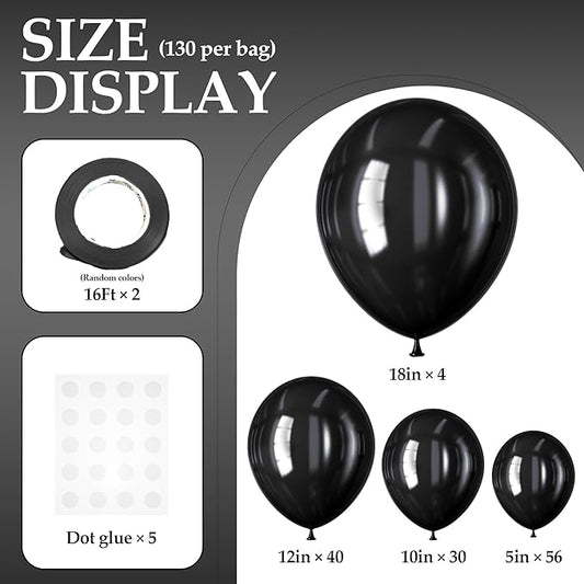 130PCS Black Balloons, Latex Balloons Different Sizes 18/12/10/5 Inch, Helium Balloons with Ribbon, Party Balloon Set for Birthday Wedding Graduation Anniversary Baby Shower Decorations.