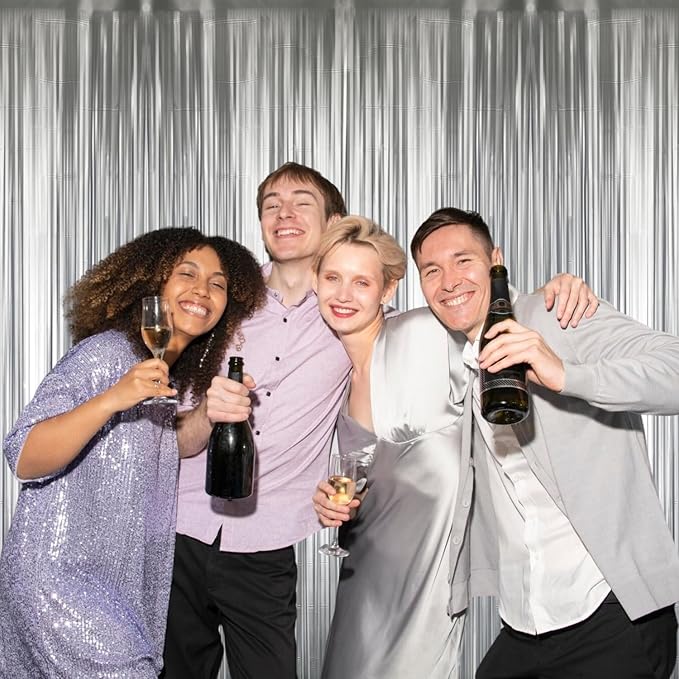 GOER 3.2 ft x 8.2 ft Metallic Tinsel Foil Fringe Curtains Party Photo Backdrop Party Streamers for Birthday,Graduation,New Year Eve Decorations Wedding Decor (5 Pcs,Matte Silver,Thick Material)