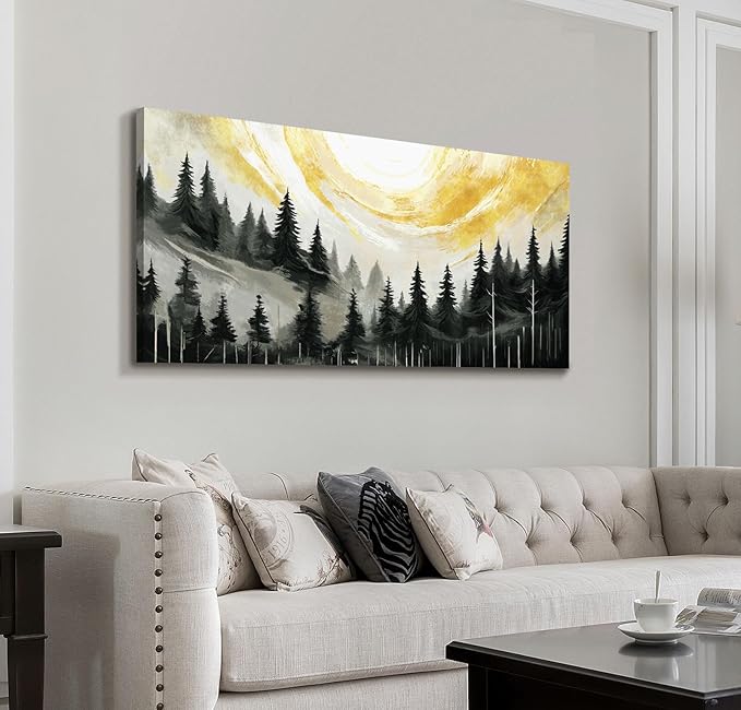 ARTZON Large Abstract Wall Art- Modern Black White Yellow Tree of Life Forest Canvas Print Pine Landscape Nature Horizontal Artwork Minimalist Picture for Living Room Bedroom Office Decor 48"x24"