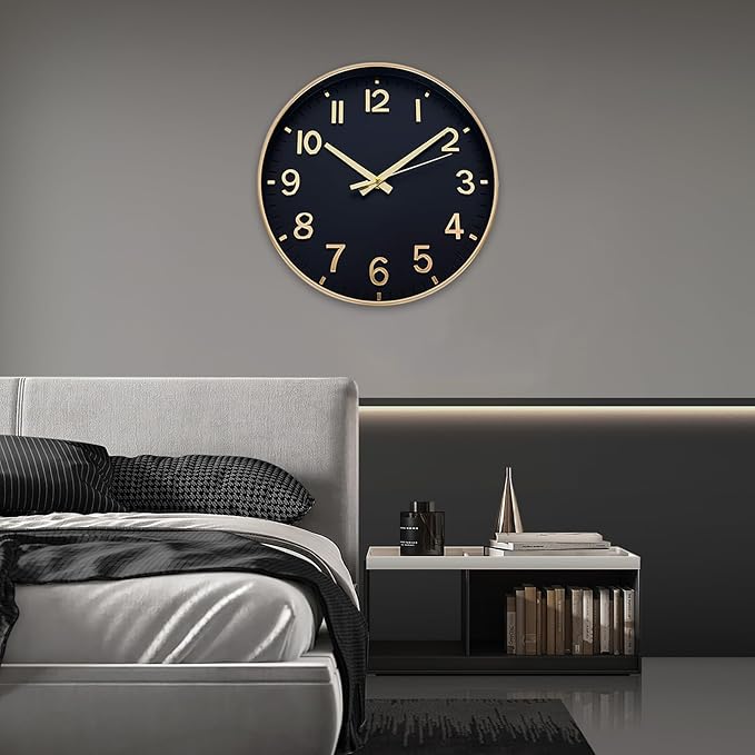 HZDHCLH Wall Clocks Battery Operated,Wall Clock Black Gold,8 inch Wall Clock Silent Non Ticking Modern 3D Numbers for Kitchen Bedroom Living Room Office Classroom Decor
