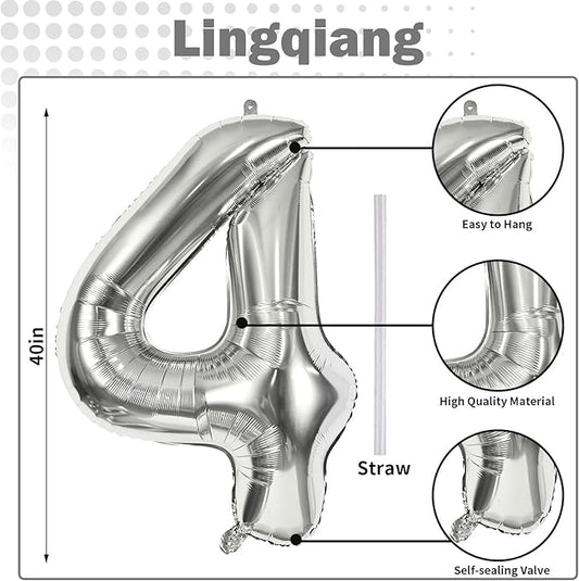 Silver Number Balloons, 40inch Large Number 4 Foil Helium Balloons for Girls Women, Self Inflating Number Balloons 0-9 for Men Boys 4th 14th 40th Birthday Anniversary Party Celebration Decoration