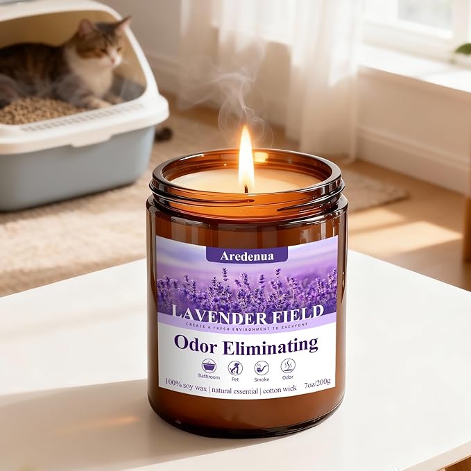 Lavender Odor Eliminating Candles | Eliminates 95% of Pet, Smoke & Bathroom Odors โ 7oz Hand Poured Soy Candle - Aromatherapy Stress Relief Scented Candles - Relaxing Gifts for Calm & Fresh Homes