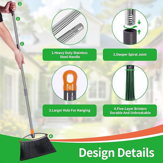 Soft Bristle Broom, Heavy Duty Broom with Collapsible Handle, Ideal for Indoor Outdoor Hardwood Floors Kitchen Salon Camping Cat Pets Hair Home Room Office, Sturdy and Durable, Gray