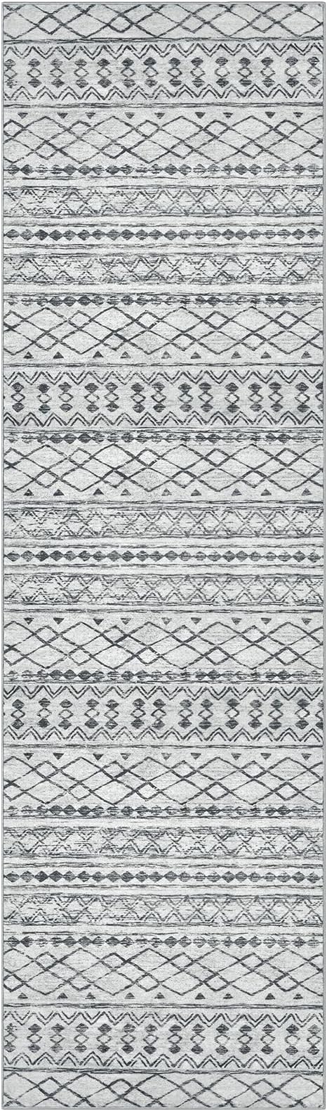 KUTA Moroccan Washable Runner Rug, 2x7 Non-Slip Vintage Grey White Boho Hallway Kitchen Rugs Ultra Soft Distressed Geometric Floor Carpet Runners for Bedroom Laundry Living Room