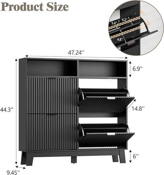 Shoe Cabinet Storage for Entryway with 4 Flip Drawers, Fluted Narrow Shoe Organizer with Wooden Legs & Top Cubby, Freestanding Slim Shoe Storage Hidden Shoe Rack for Front Door Entrance, Black