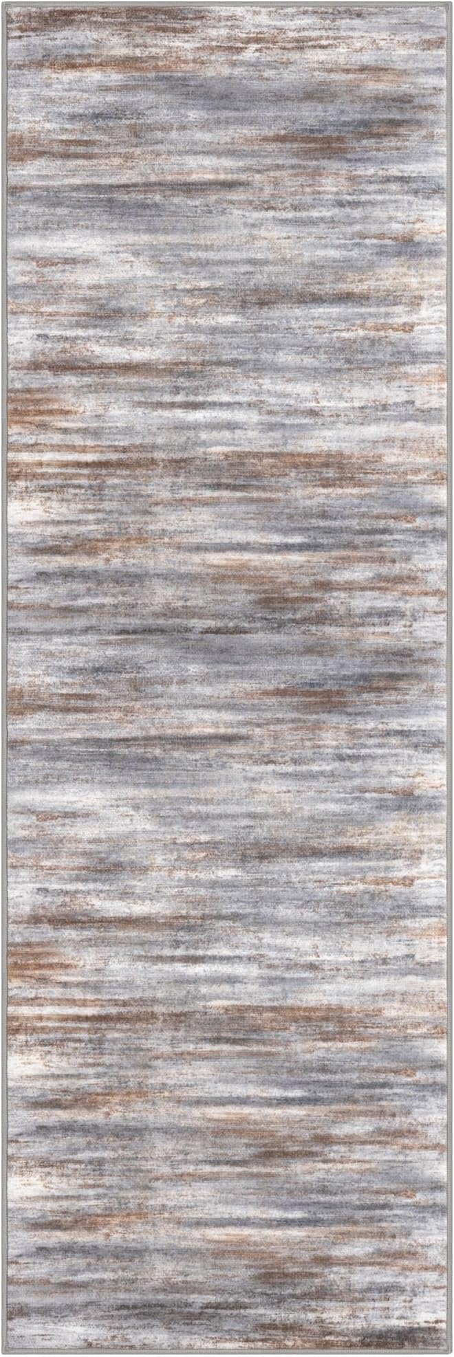 KOZYFLY Modern Abstract Kitchen Runner Rug, 2x6 Washable Rug Runner Non-Slip Soft Striped Hallway Runner Rugs, Grey Brown Print Carpet Runner for Entryway Bathroom Laundry Room Foyer