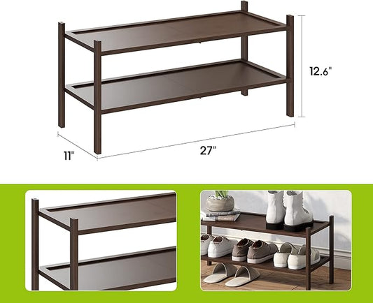 BMOSU 2-Tier Bamboo Shoe Rack Premium Stackable Shoe Shelf Storage Organizer for Hallway Closet Living Room Entryway Organizer(Brown)