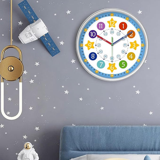 XFM Blue Kids Wall Clock 14 Inch Silent Non Ticking Quartz Battery Operated Decorative Time Teaching Clock for Children Bedroom Nursery Room Classroom