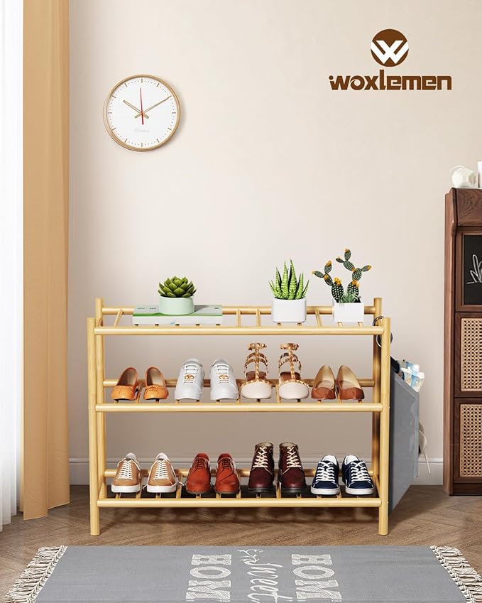 Bamboo Shoe Rack for Closet Small Wooden Shoe Organizer with Pouch, Sturdy Wood Shoe Shelf for Front Door Entrance Entryway and Outdoor, 26 inch Wide (Natural, 3-Tier)
