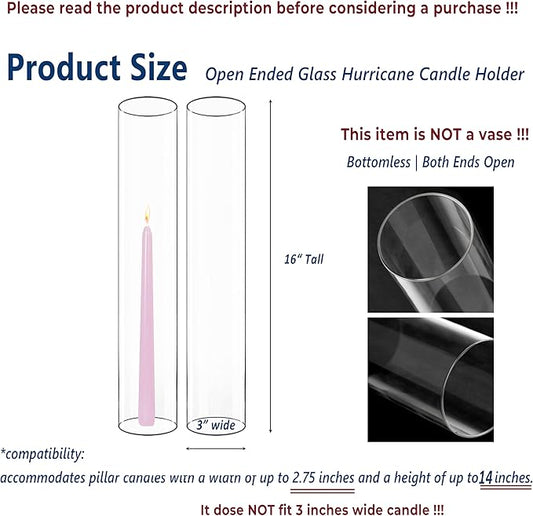 CYS EXCEL 6 PCS (H:16" D:3") Open Ended Clear Glass Hurricane Candleholder Tube Lamp Shade Open Flame Candlestick Holder Chimney Tube Cover Bottomless Cylinder