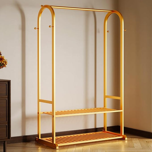 Sturdy heavy duty clothes rack,Gold clothing rack with bottom shelves and 6 side hooks,Metal garment rack for hanging clothes