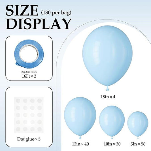130PCS PastelBlue Balloons, Latex Balloon Different Sizes 18/12/10/5 Inch, Helium Balloons with Ribbon, Party Balloon Set for Birthday Wedding Graduation Anniversary Baby Shower Decoration