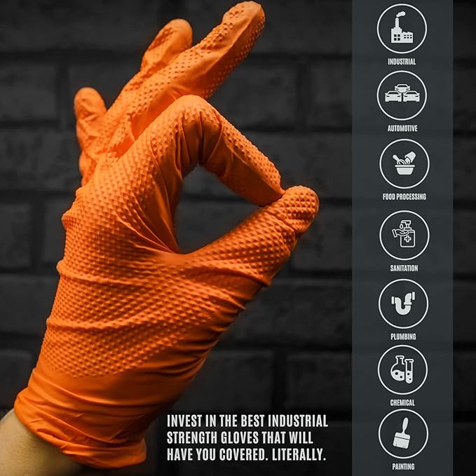 MED PRIDE Maxx Strength Nitrile Industrial Orange Gloves, 8 Mil Thick - Diamond Texture Disposable Heavy-Duty, Tear-Resistant