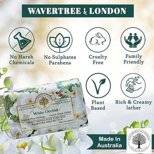 Wavertree & London White Orchid Scented Natural Soap (8 Bars), 7oz Moisturizing French Triple Milled Soap Bars enriched with shea butter - Pure Plant Oil Bath & Body Bars for All Skin Types