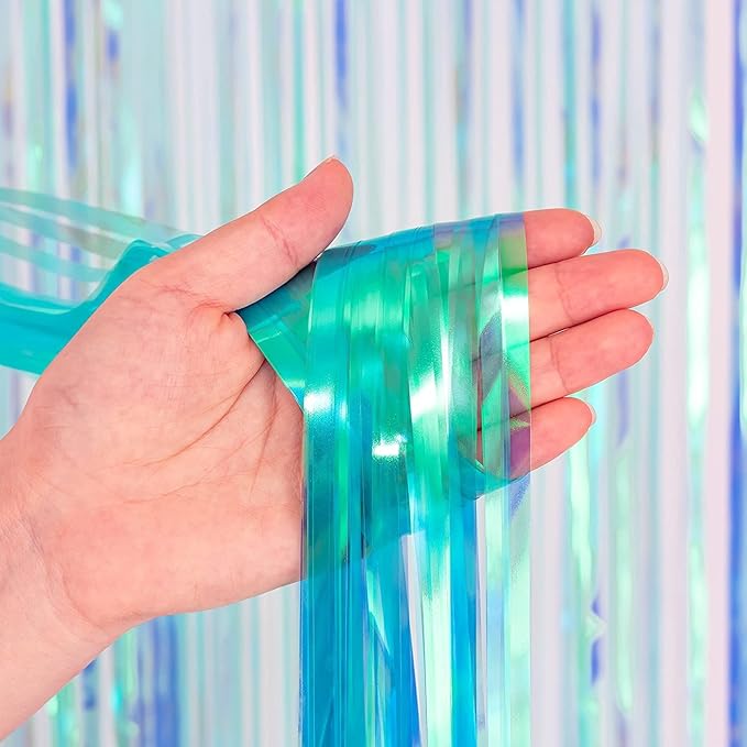 BRAVESHINE Iridescent Blue Foil Fringe Backdrop - 2 Pack 3.2x6.5 ft Holographic Tinsel Streamers Curtains for Christmas/Frozen/Winter’s Snowflake/Birthdays/Mermaid/Sea Party Decorations