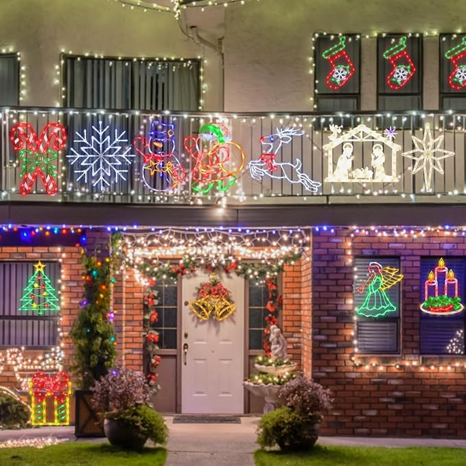 Christmas Decorations - 16" Christmas Window Silhouette Lights Decorations - 4 Pack Colour Lighted Angel & Bethlehem Star & Nativity & Candle for Holiday Wall Door Window Decorate