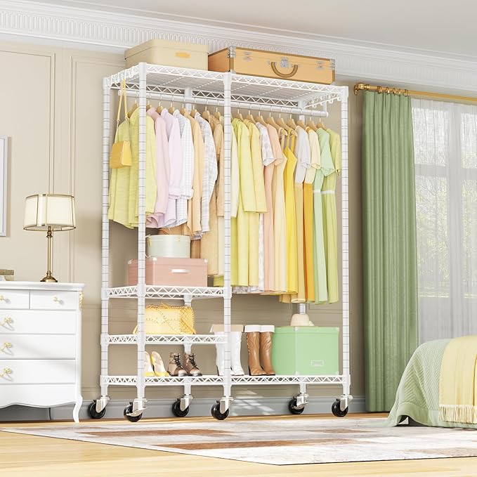Ulif F4R Heavy Duty Clothes Rack(With Lockable Wheels ) Rolling Clothing Racks for Hanging Clothes,Adjustable Closet Organizer System,Portable Garment Rack 45"W x 15.8"D x 73.5"H,Max Load 650LBS,White