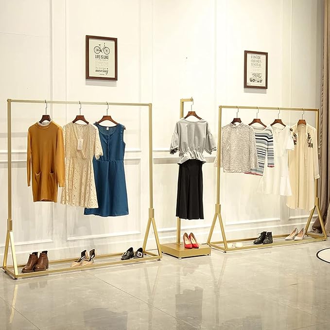 Modern Simple Heavy Duty Metal Rolling Clothing Garment Rack with Wheel,Creative Commercial Wedding Dress Display Shelf,Single Rod Floor-Standing Clothes Hangers (Gold without Wood, 47.2" L)
