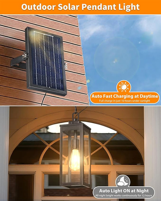 15'' Large Solar Pendant Light Outdoor, Modern Outside Chandelier Outdoor Hanging Lantern, Black with Clear Glass, Exterior Pendant Lighting Fixture Ceiling Mount for Porch, Entryway, Gazebo, 1 Pack