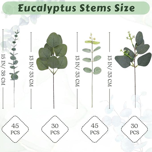 Eucalyptus Leaves Stems 150 PCS, 4 Kinds Mixed Artificial Greenery Stems for Wedding Decor Vase Floral Arrangement Centerpiece