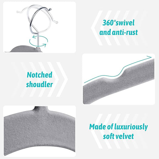 Premium Velvet Shirt Hangers 50 Pack, Space-Saving Non-Slip Felt Hanger with 360° Swivel Hook, Slim Flocked Hangers for Strappy Dresses, Blouses, Tank Tops(Grey)
