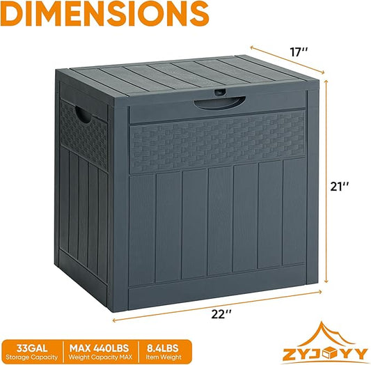 ZYJOYY 33 Gallon Resin Deck Box, Weatherproof Outdoor Storage Box for Patio, Garden, Pool, and Yard, Lockable Waterproof Bin for Tools, Cushions, and Accessories, Grey