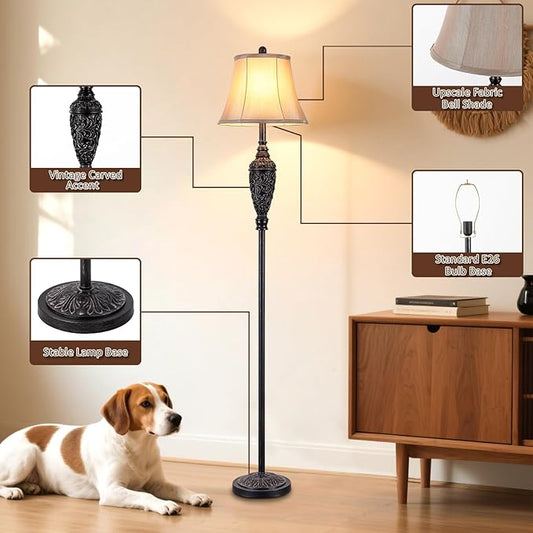 65’’ Vintage Floor Lamp for Living Room, Traditional Standing Lamp with Carved Resin Base and Foot Switch, Classic Farmhouse Tall Pole Lamp, Bedroom, Office, Bronze Finish