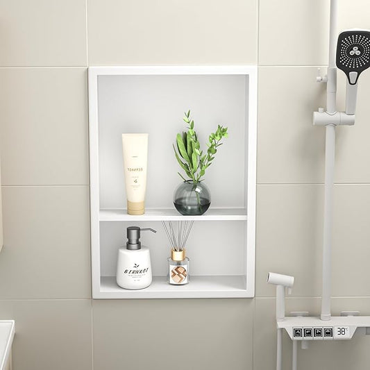 Stainless Steel Shower Niche 18" X 12" White with 2-Tiers Shelf No Tile Needed Niche Shower for Bathroom Storage Recessed Wall Niches Over Mount Installation