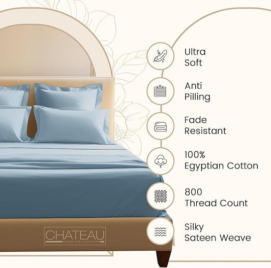100% Egyptian Cotton Sheets Queen Size Set, 800 TC Deep Pocket Queen Sheets Set, Soft Breathable Sateen Weave 4 PC Elasticated Sheet & Pillowcase Sets, No Pill & Shrink, Fade Resistant- French Blue