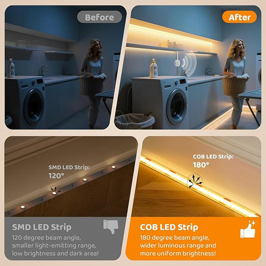 Motion Activated COB LED Strip Bed Lights, 2 x 6.56Ft Warm White COB LED Strip Motion Sensor Under Bed Lights,12V Dimmable Motion Sensor Night Light Strip Indoor for Under Cabinet Closet Stair