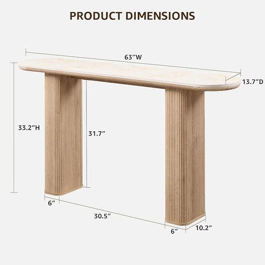 OKD 63 Inch Modern Console Table with Arc Black Marble Texture Top, Fluted Wood Base, Contemporary Entryway Sofa Table for Living Room, Hallway, Foyer, Natural Oak