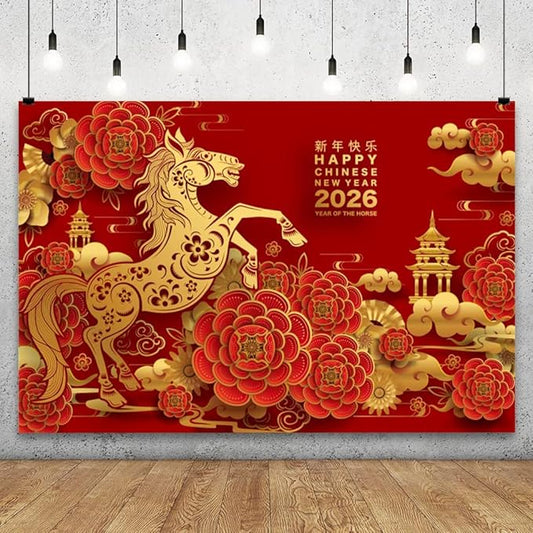 YongFoto 2026 Happy Chinese New Year Backdrop 8x6.5ft 2026 Lunar Year of The Horse Lucky Cloud Pavilion Plum Bossom Background Chinese Traditional Spring Festival New Year's Eve Party Banner Decor