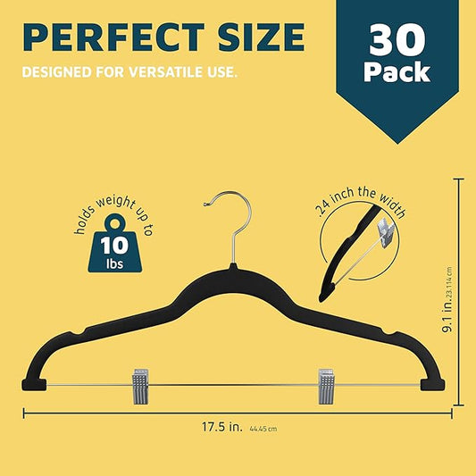 Velvet Skirt Hangers – with Adjustable Clips, 360 Degree Swivel Hook, and Non-Slip Shoulder Notch, Holds Up to 10 lbs, for Organizing Skirt, Pants, Dress, and Clothes, Pack of 30, Black