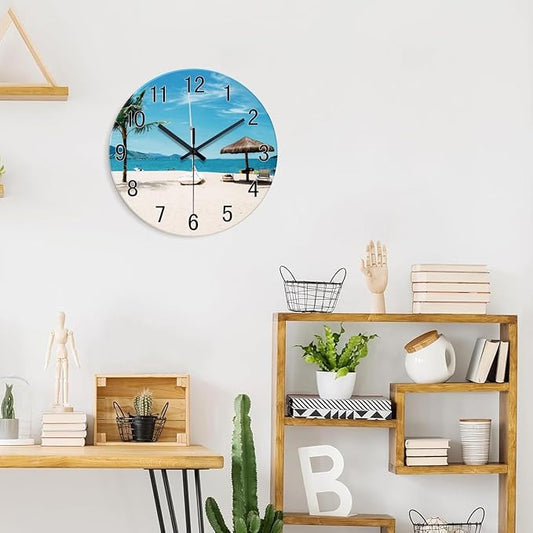 XFM Summer Beach Wall Clock 16 Inch Silent Non-Ticking Battery Operated Glass Clocks Tropical Hawaii Coastal Wall Clock for Living Room Bedroom Home Office Decor