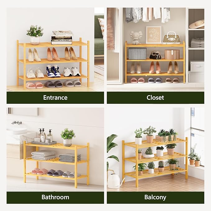 Bamboo Shoe Rack for Closet 3 Tier, Durable Wooden Shoe Rack, Space-Saving Stackable Shoe Organizer for Entryway, Dorm, Garage, Natural