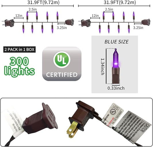 Brown Wire, Purple Incandescent Bulb 300(150L*2pcs) Mini String Lights for Indoor Halloween Tree Home Party Festival Decoration