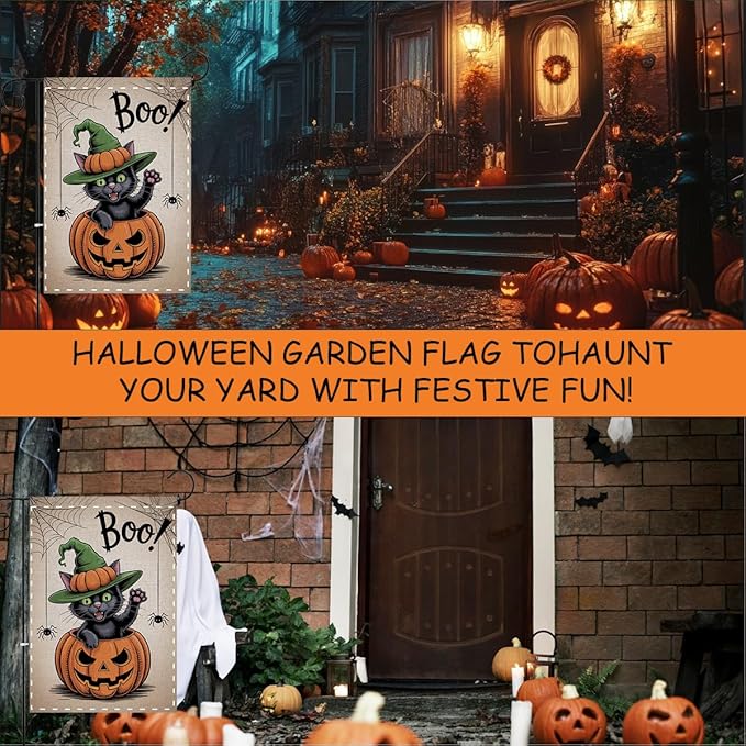 Fokongna Interesting Halloween Garden Flag, Pumpkin Spider Cat Boo Halloween Garden Flag, 12x18 Inch Burlap Vertical Double Sided Flags, for Home Yard Outside Decorations