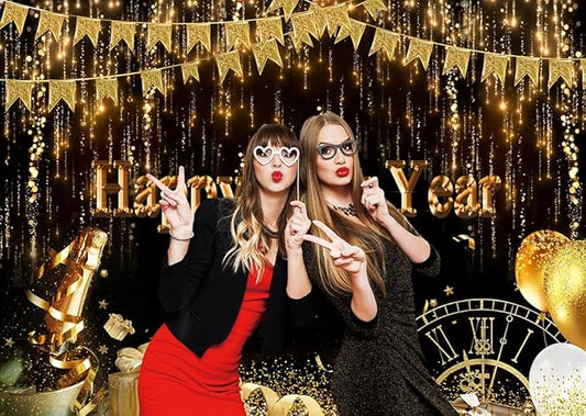 LTLYH 7x5ft Happy New Year Backdrop Gold Glitter Party Decoration 2026 New Year Eve Photography Background Black and Gold Celebration Banner for Party Supplies