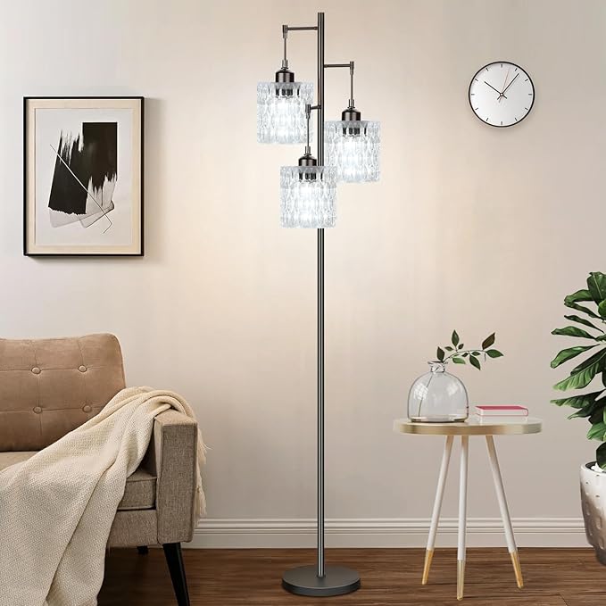 Black Floor Lamp for Living Room Bedroom,Mid Century Modern Floor Lamps with Transparent Glass Shades,3 Lights Vintage Tree Floor Lamps for Corner Office,68IN Tall Standing Lamp Bulbs Included