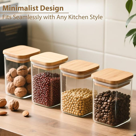 37oz Square Glass Storage Containers with Bamboo Lids – 4 Pack Clear Food Airtight Glass Jars for Pantry Organizers and Storage, Kitchen Dry Food, Coffee, Sugar, Flour, Snacks, Spices
