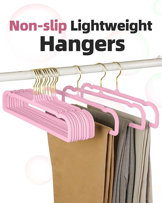 HGYZE Velvet Pants Hangers 20 Pack, 360° Swivel Gold Hook, Non Slip Felt Hanger for Spaghetti Strap Dresses Slack Jean, Short Neck Pant Bar for Closet, Cute Flocked Trouser for Adult Teen