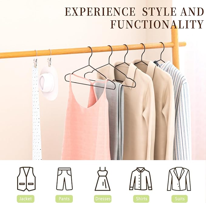 60Pack+10 Clips Luxurious Hanger Set ,16.69" Heavy Duty Matte Black Metal HangersWithstands 50lbs Weight Smooth Powder Coated Finish Compact Shirt Hangers