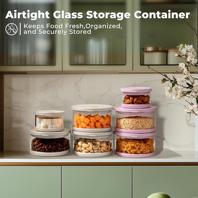 Glass Food Storage Containers with Airtight Lids, 33.8oz & 11.8oz High-Borosilicate Glass Meal Prep Containers with Spork, Bento Lunch Boxes for Salad, Ramen, Soup, Fruit - 4 Pack, Pink/White