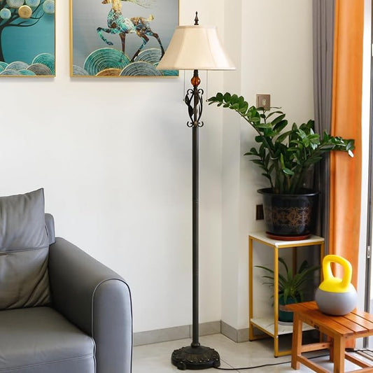 Farmhouse Mid-Century White Fabric Floor Lamp with Metal Leaf Resin Base 70 Inch Height Decor for Office Bedroom Living Room