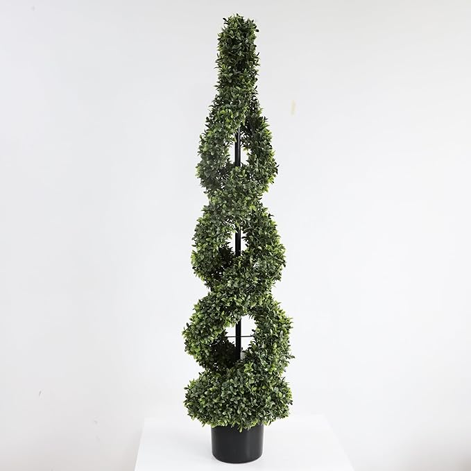 46Inch Double Spiral Artificial Boxwood Topiary Tree 4" Plants Fake Faux Plant Decor in Plastic Pot Green Indoor or Outdoor, Set of 2