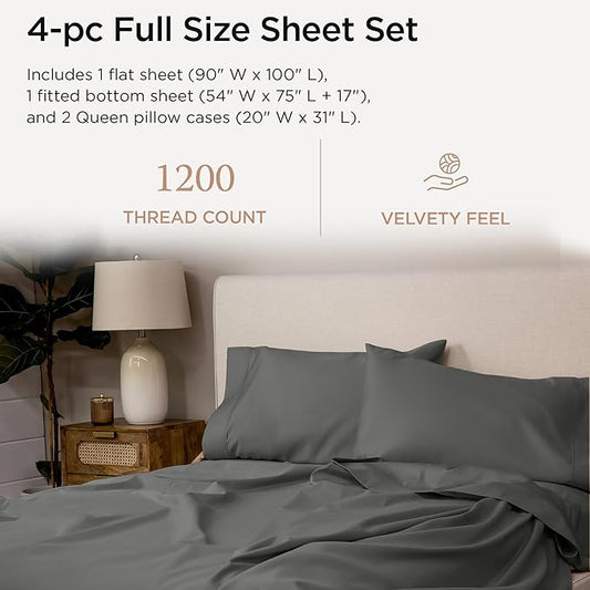 Threadmill Luxury Supima Cotton Sheets, Luxury 1200 Thread Count Soft 100% Cotton Sheets for Full Size Bed, 4 Pc Dark Grey Bed Sheets Full Set, 5-Star Hotel Quality Deep Pocket Bed Sheets Set