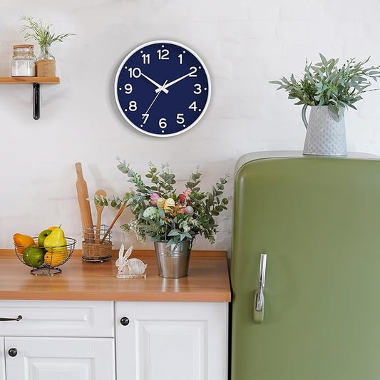 Wall Clock, 10 Inch Silent Wall Clocks Battery Operated-Modern Non Ticking Analog Clock Decorative for Kitchen Bedroom Office Bathroom(Navy Blue)