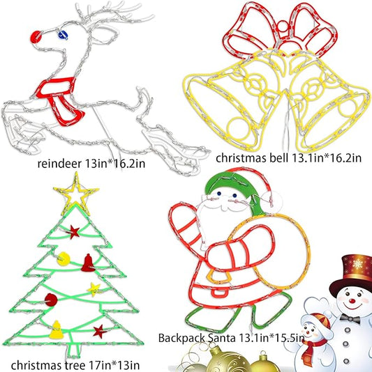 Christmas Decorations - 16" Christmas Window Silhouette Lights - 4 Pack Colour Lighted Santa & Bell & Reindeer & Christmas Tree for Holiday Indoor and Outdoor Wall Door Window Decorate